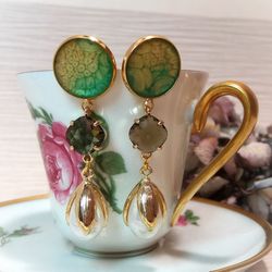 handmade long dangle white pearl gold plated stud statement earrings, bridal jewelry, wedding jewelry
