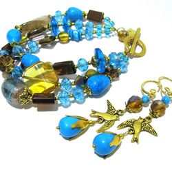 Handmade colorful layered bracelet and long earrings set with lovely bird charms