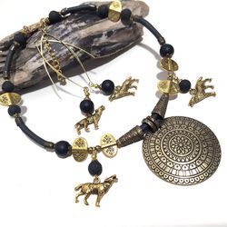 Ancient style choker necklace with brass pendant and long earrings with wolf charms