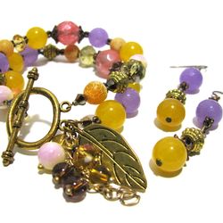 Multi gemstone jewelry set of layered bracelet and earrings, handmade gemstone jewelry