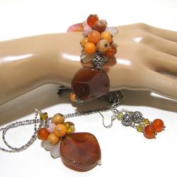 Multi gemstone Boho style jewelry set of bracelet, pendant necklace and earrings