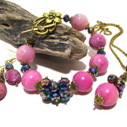 Handmade Kunzite gemstone jewelry set of pendant necklace, bracelet and earrings bright gold, pink and purple colors