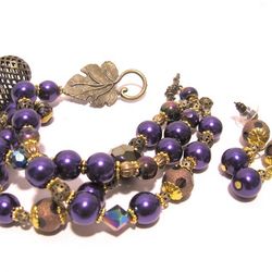 Handmade Vintage style bracelet and earrings purple color with big hollow brass heart charm