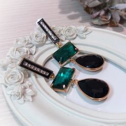 Statement dangle earrings, black and green crystal earrings