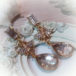 statement dangle earrings with clear crystal dangles and golden bee charms