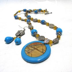 Handmade gemstone jewelry set of Turquoise and Jasper intarsia pendant and earrings