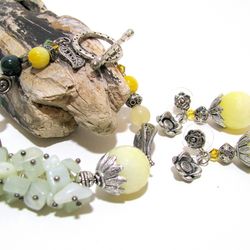 Multi gemstone jewelry set of bracelet and earrings in shades of green