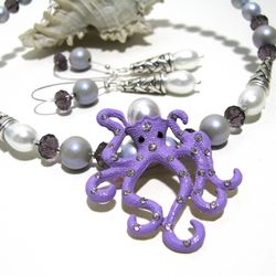 Octopus pendant choker necklace and earrings jewelry set