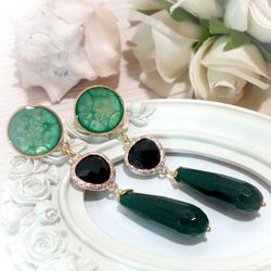 Handmade Jade gemstone dangle earrings, statement earrings, elegant black green gold long earrings
