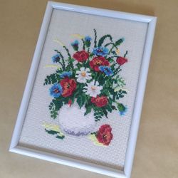 Handmade Poppies painting, Vintage Still life wall art, for home decor, finished cross stitch