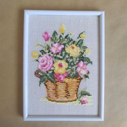 Handmade Rose painting, Vintage Still life wall art, for home decor, finished cross stitch