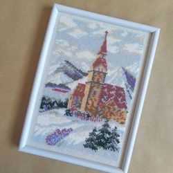 Handmade Winter Landscape painting, Vintage Mountains wall art, for home decor, finished cross stitch