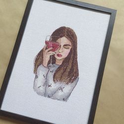 Handmade Girl with glass of wine painting, Woman wall art, for home decor, finished cross stitch