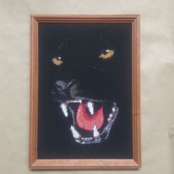 Panther Portrait Wall Art Decor, Finished Cross Stitch, Wild cat Embroidery Art Print, Black Wall Art, Original Gifts, H