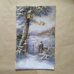 Handmade winter painting, nature landscape wall art, for wall decor, finished cross stitch