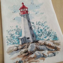Handmade Lighthouse and Wave painting, Coastal wall art, for home decor, finished cross stitch