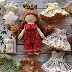 Rad doll with Set clothes, 5 inch Textill baby doll, Organik cotton doll, Tiny stuffed doll, Baby soft doll