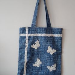 Strong reusable blue tote bag, eco friendly, canvas soft bag with butterflies