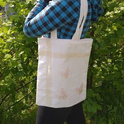 Strong reusable white tote bag, cotton canvas bag with butterflies