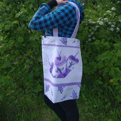 Strong reusable white tote bag, eco friendly, cotton canvas bag, bag with lavender hearts, Valentine's day bag