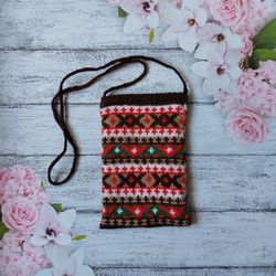 Knitted brown Phone or Document Case with Jacquard Pattern, Neck Bag