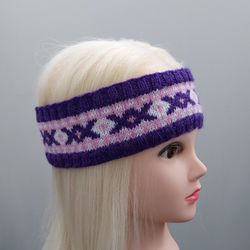 Women's knitted headband violet with jacquard pattern