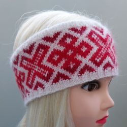 Women's knitted headband red with jacquard pattern