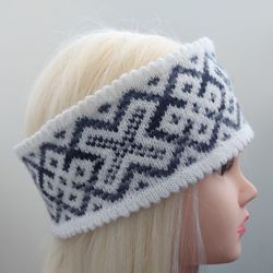 Women's knitted headband gray with jacquard pattern, a hot water bottle for the head