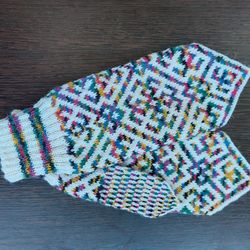 Wool scandinavian mittens handmade are very warm with a pattern multicolored, hand warmer