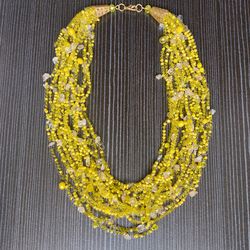 Yellow small delicate airy layered necklace made of beads with citrine, crocheted, a decoration for every day