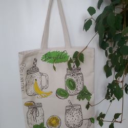 Strong reusable beige tote bag, eco friendly, cotton canvas bag with a pocket