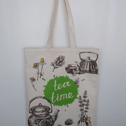 Durable reusable beige tote bag, eco-friendly, made of cotton fabric, with a pocket for change