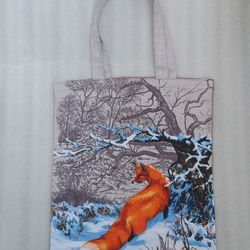 Strong reusable brown tote bag, eco friendly, cotton canvas soft bag with a fox