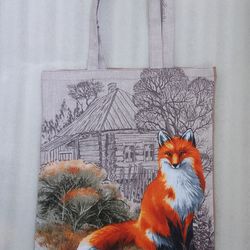 Reusable brown tote bag made of eco-friendly cotton canvas, featuring a fox design.