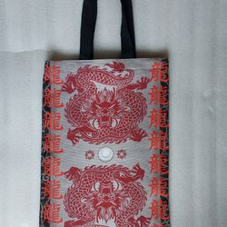 Durable Reusable Tote Bag with Dragon, Eco-friendly Shopping Bag Made of Cotton, a black bag with a pocket