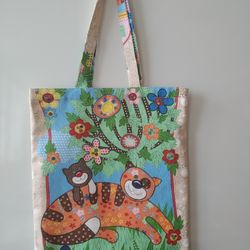 Strong reusable beige tote bag, eco friendly, cotton canvas bag with cats, convenient pocket