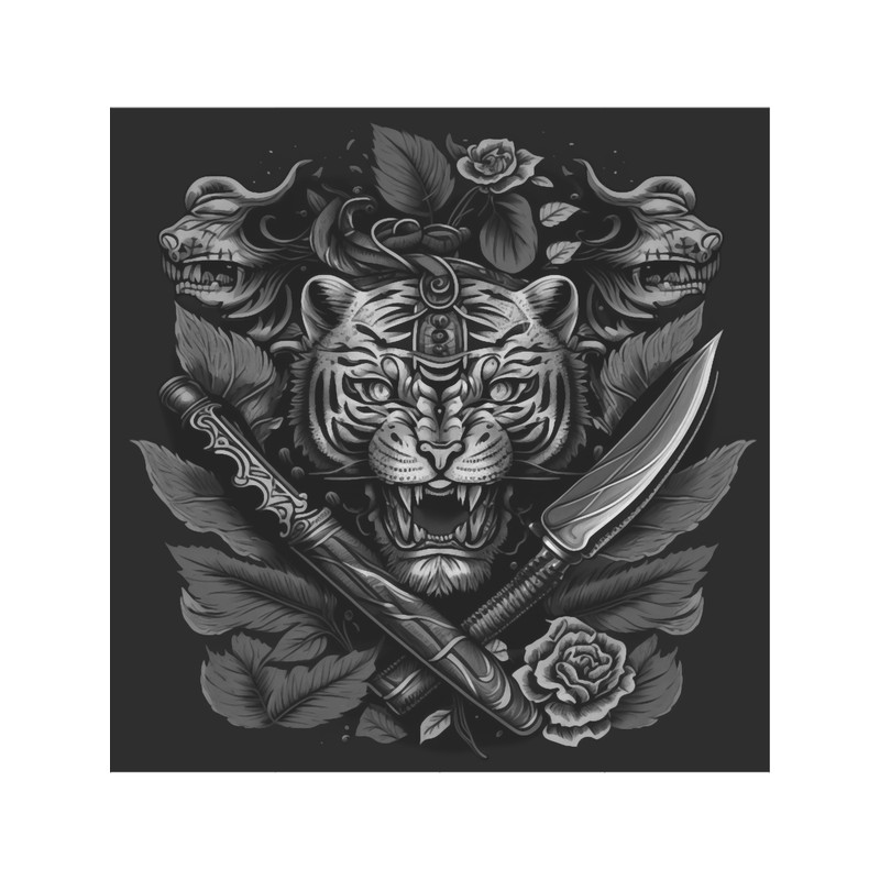 American Traditional Tiger, Dagger and Rose Tattoo Style- Grayscale.png