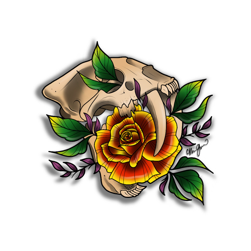 Neotraditional Sabertooth Tiger Skull and Rose.png