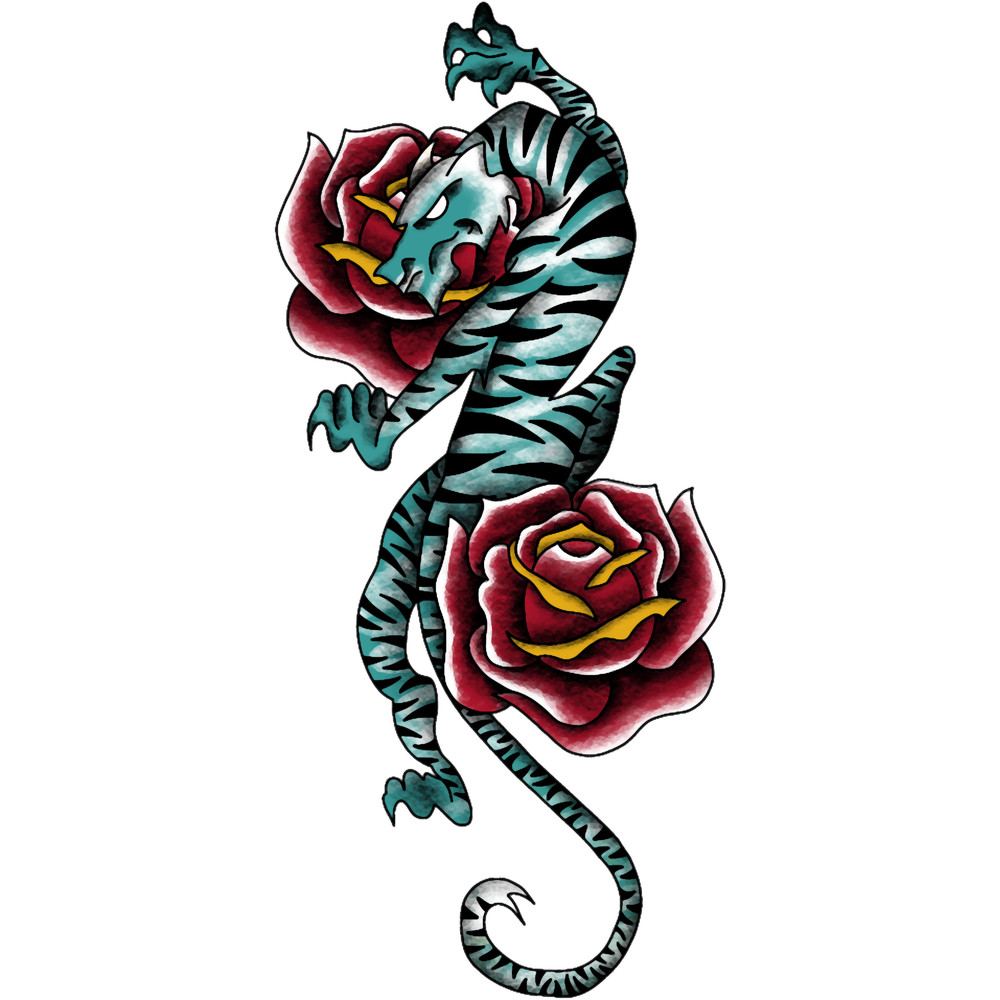 Neo-Traditional Tiger and Roses (Teal).png