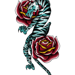neotraditional tiger and roses (teal)