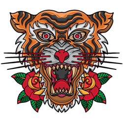 old school traditionl tiger head tattoos with roses