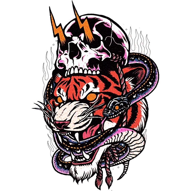 Traditional Tiger and Snake and Skull Tattoo.png