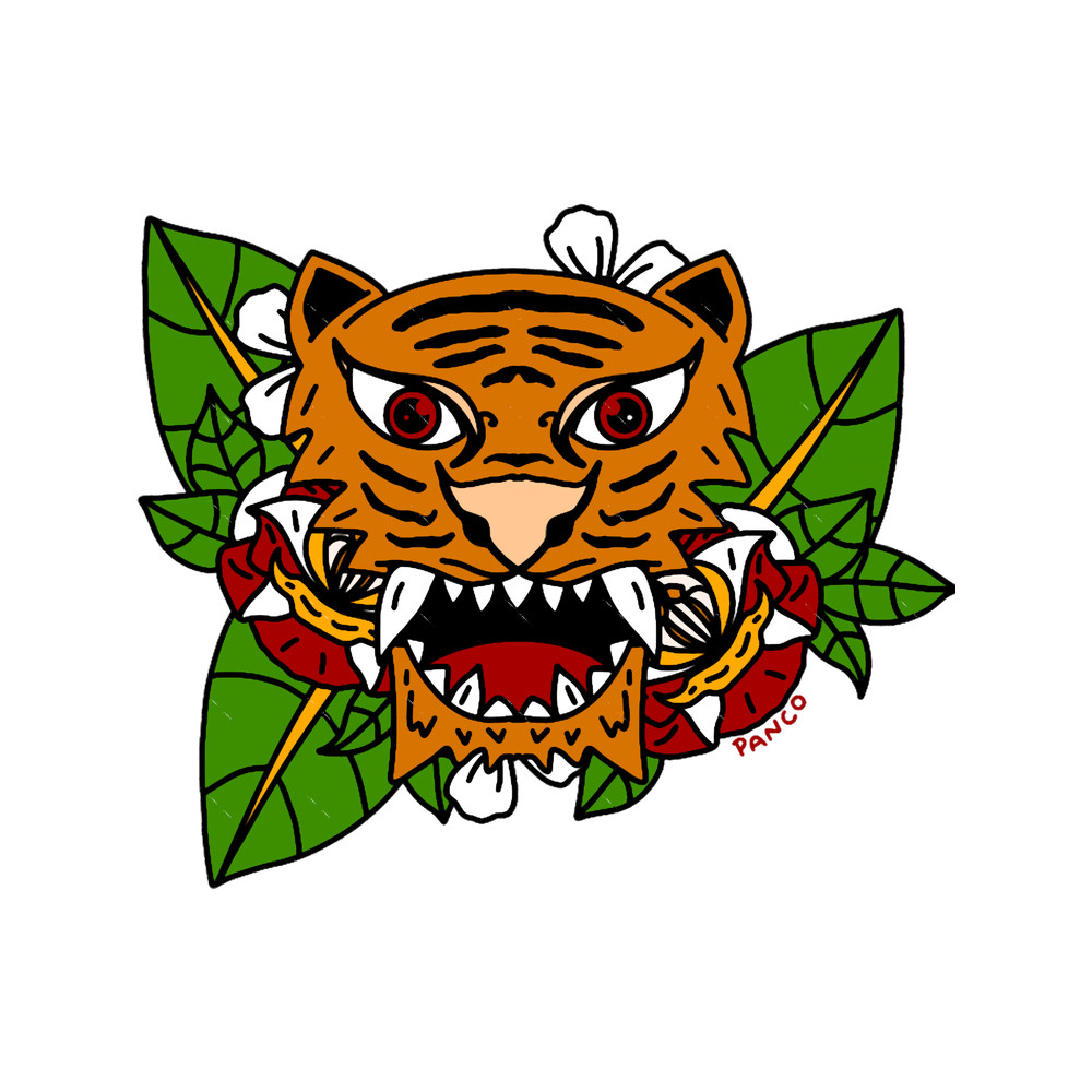 Traditional Tiger Tattoo Aesthetic With Snake Rose Stars Pattern.png