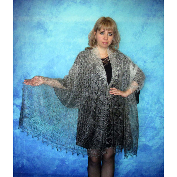 Hand knit gray scarf, Handmade Russian Orenburg shawl, Goat wool cover up, Lace pashmina, Downy kerchief, Stole, Tippet, Warm wrap, Cape, Gift for a woman.JPG