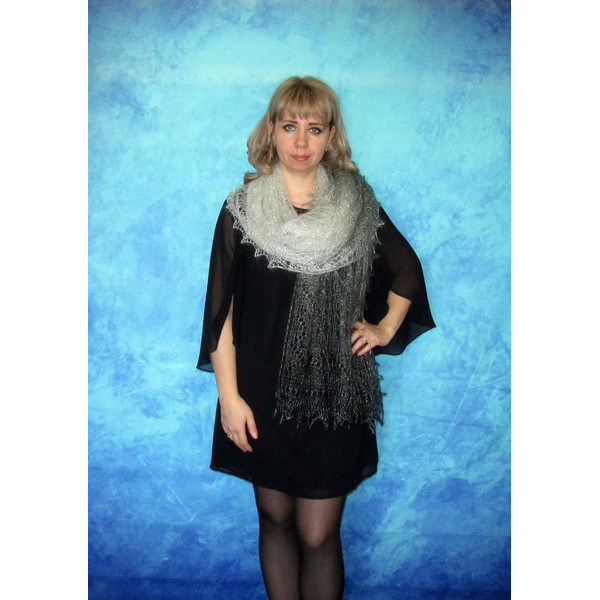 Hand knit gray scarf, Handmade Russian Orenburg shawl, Goat wool cover up, Lace pashmina, Downy kerchief, Stole, Tippet, Warm wrap, Cape, Gift for wife.JPG