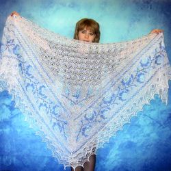 Large white shawl with blue Gzhel embroidery, Russian wool wrap, Hand knit Orenburg cover up,Warm wedding stole,Kerchief