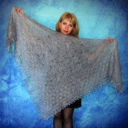 Hand knit gray embroidered warm Russian shawl, Orenburg wool wrap, Goat down kerchief, Handmade stole, Cover up, Cape