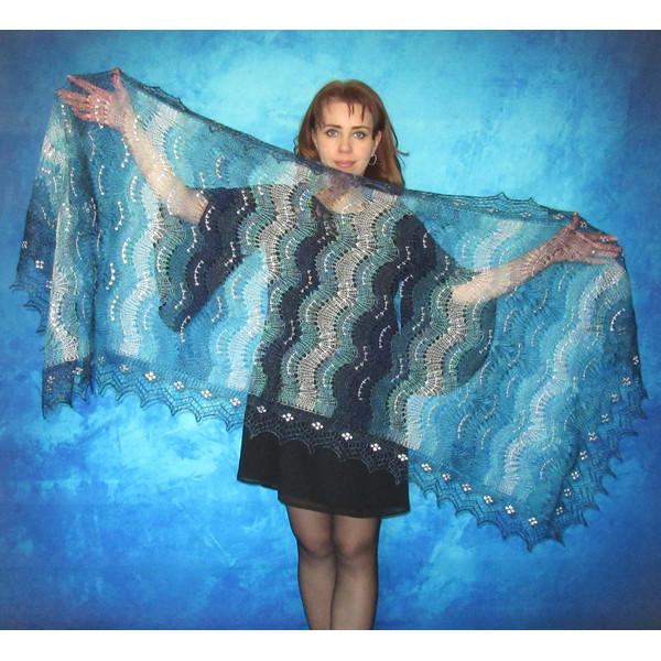 turquoise women's scarf with embroidery, warm Russian Orenburg embroidered shawl, gift for her.JPG