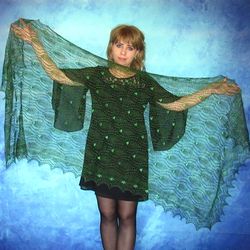 Dark green embroidered scarf, Warm Russian shawl, Orenburg stole, Knitted cover up, Wool wrap, Bridal cape, Kerchief
