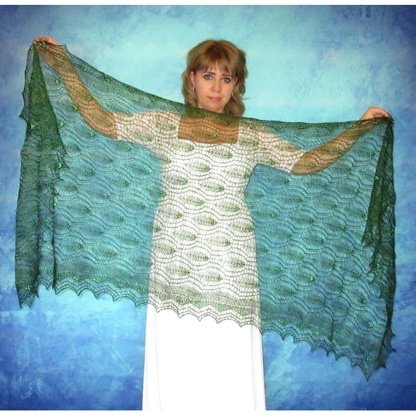 green embroidered scarf, lace russian orenburg shawl, wool wrap, Bright bridal stole, gift for a woman.JPG